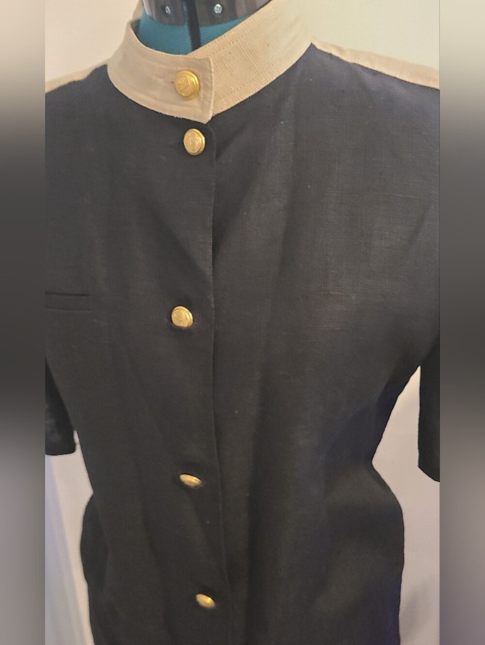 Valentino Miss Vintage Midi Shirt Dress Black with Cream Trim Gold Buttons, M - Picture 5 of 12